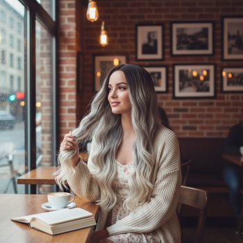 Uzun Su Dalgası Fiber Sentetik Peruk - Küllü Kumral / Beyaz Platin Ombre