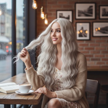 Uzun Su Dalgası Fiber Sentetik Peruk - Küllü Beyaz