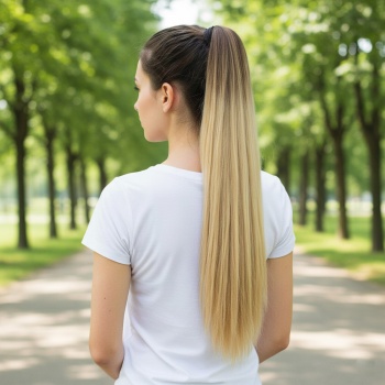 Bağlamalı Düz At Kuyruğu - Kahve / Bal Köpüğü Ombre ve Platin Işıltılı