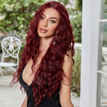 Koyu Kızıl Su Dalgalı Fiber Sentetik Tül Peruk