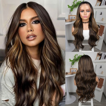 Koyu Kestane Karamel Işıltılı Fiber Sentetik Geniş Dalgalı Tül Peruk