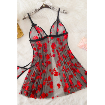 Çiçek Desenli Siyah Transparan Gecelik TM1319