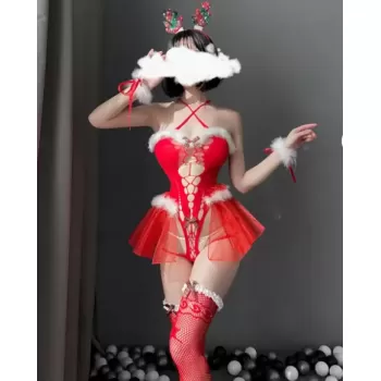 Özel Tasarım Transparan Büstiyer Kostüm Seti Peluş Detaylı File Çoraplı