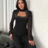 Kadın Kolları Şifon Göğüste İnci Boncuk detaylı Bluz - Siyah