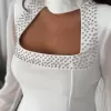 Kadın Kolları Şifon Göğüste İnci Boncuk detaylı Bluz - Beyaz