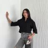 Kadın Crop Yakalı Gömlek Üç Çeyrek Sleeve Kol - Siyah