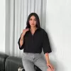 Kadın Crop Yakalı Gömlek Üç Çeyrek Sleeve Kol - Siyah