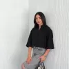 Kadın Crop Yakalı Gömlek Üç Çeyrek Sleeve Kol - Siyah