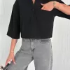 Kadın Crop Yakalı Gömlek Üç Çeyrek Sleeve Kol - Siyah