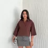 Kadın Crop Yakalı Gömlek Üç Çeyrek Sleeve Kol - Kahverengi