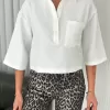 Kadın Crop Yakalı Gömlek Üç Çeyrek Sleeve Kol - Beyaz