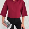 Kadın Crop Yakalı Gömlek Üç Çeyrek Sleeve Kol - Bordo
