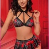 Kadın Kırmızı Ekose Etekli Liseli Seksi Kostüm