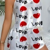 Love Desenli Beyaz Saten Şortlu Gecelik Takım