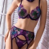 Mor Dantel Jartiyerli 3’lü Fantazi İç Giyim Takımı, Transparan Ayarlanabilir Askılı,Kadın İç Giyim