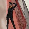 Deri Görünümlü Kedi Kadın Kostümü Fantazi Catsuit Seksi Kostüm-Sexy Cosplay -Kadın Siyah Tulum
