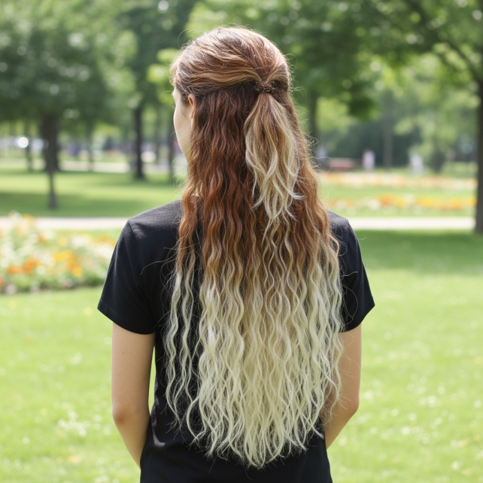 Fiber Sentetik Kabarık Dalgalı Yarım Ay + 2 Yan Çıt Çıt - Koyu Kumral Platin Ombreli