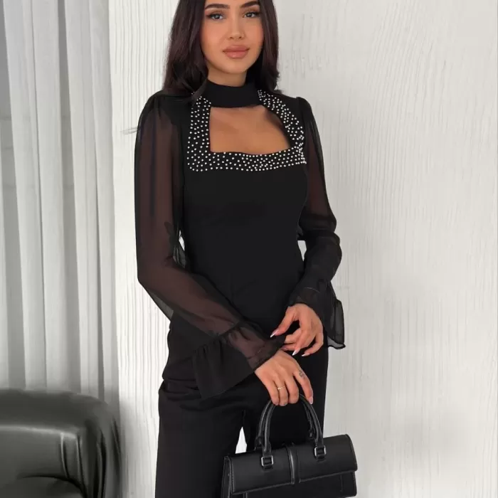 Kadın Kolları Şifon Göğüste İnci Boncuk detaylı Bluz - Siyah