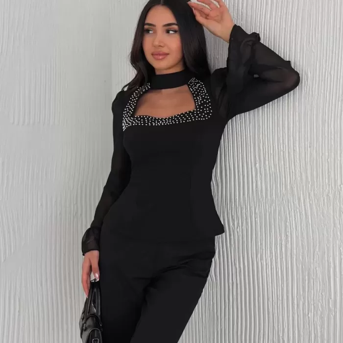 Kadın Kolları Şifon Göğüste İnci Boncuk detaylı Bluz - Siyah