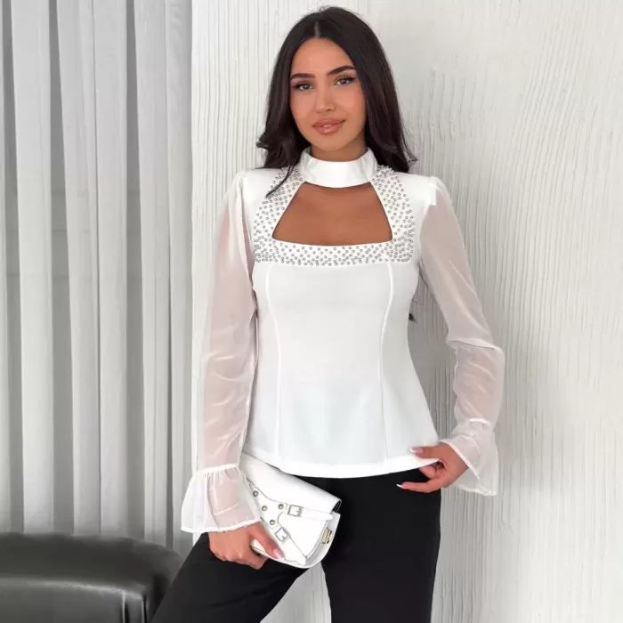 Kadın Kolları Şifon Göğüste İnci Boncuk detaylı Bluz - Beyaz