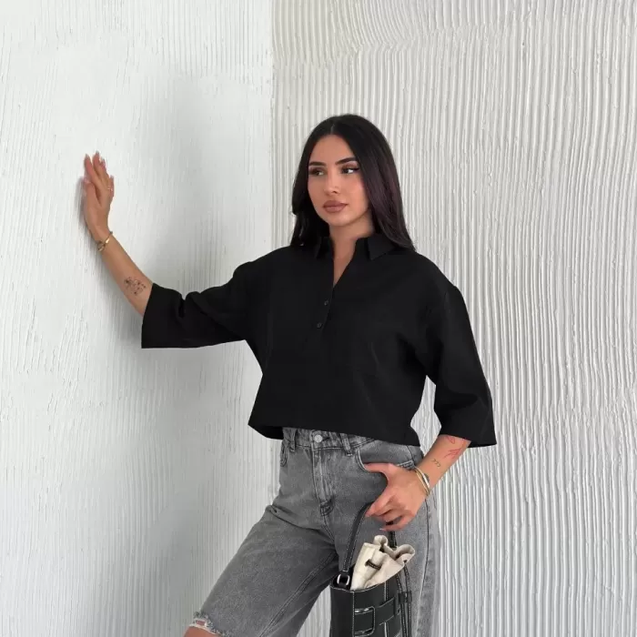 Kadın Crop Yakalı Gömlek Üç Çeyrek Sleeve Kol - Siyah