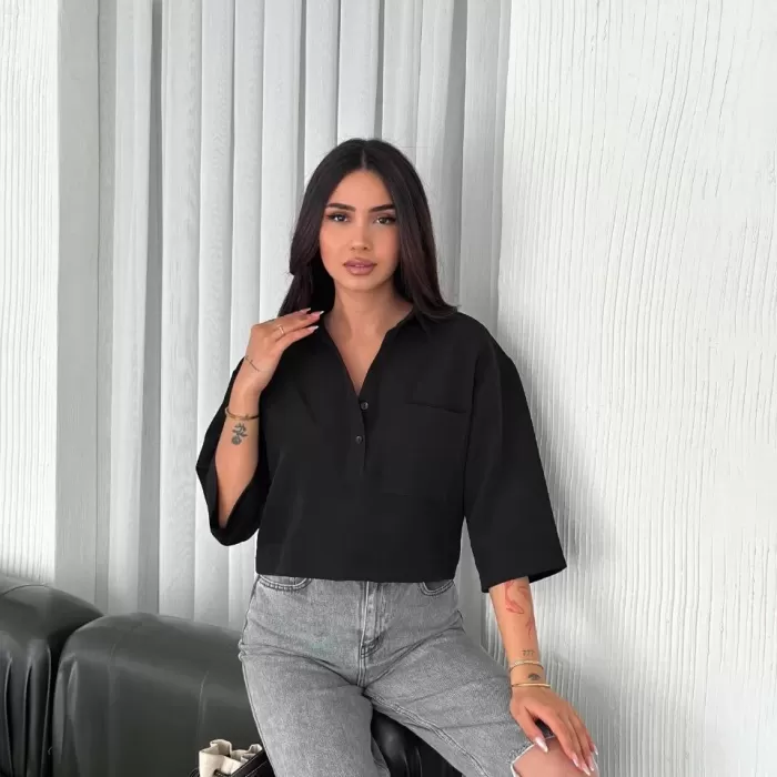 Kadın Crop Yakalı Gömlek Üç Çeyrek Sleeve Kol - Siyah