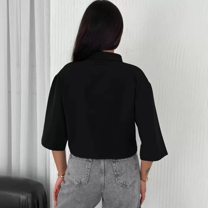 Kadın Crop Yakalı Gömlek Üç Çeyrek Sleeve Kol - Siyah