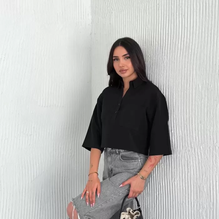 Kadın Crop Yakalı Gömlek Üç Çeyrek Sleeve Kol - Siyah