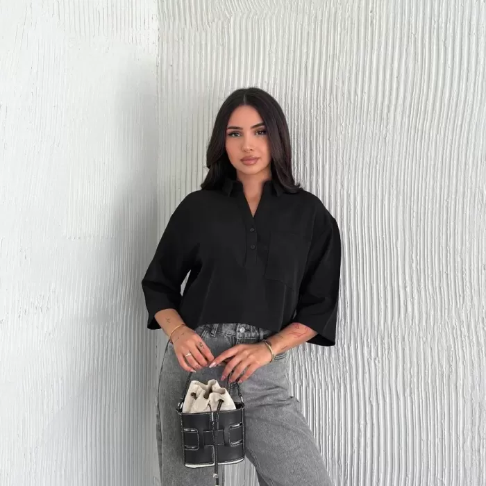 Kadın Crop Yakalı Gömlek Üç Çeyrek Sleeve Kol - Siyah