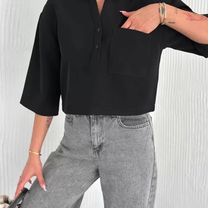 Kadın Crop Yakalı Gömlek Üç Çeyrek Sleeve Kol - Siyah