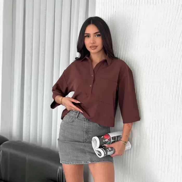 Kadın Crop Yakalı Gömlek Üç Çeyrek Sleeve Kol - Kahverengi