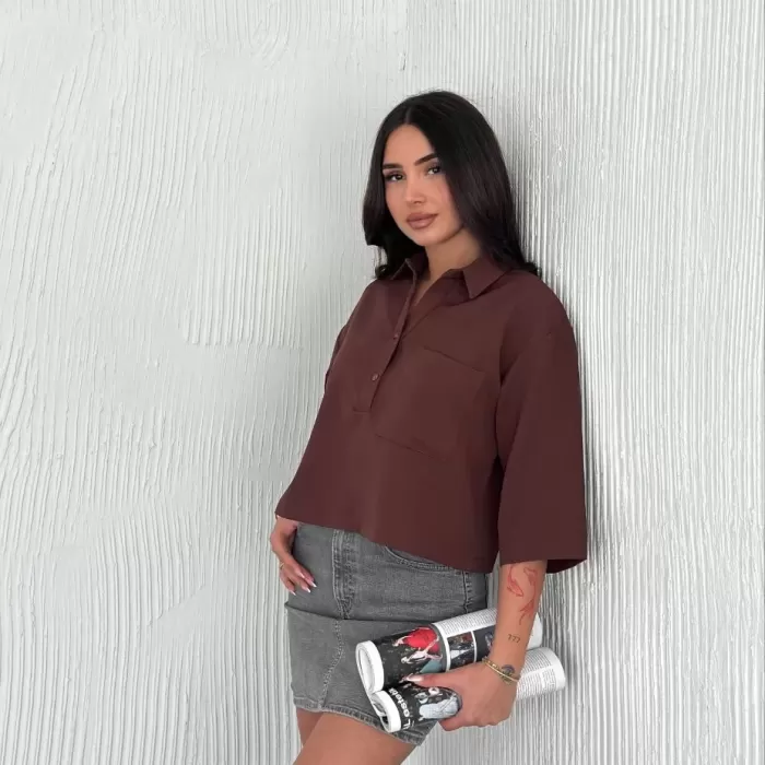 Kadın Crop Yakalı Gömlek Üç Çeyrek Sleeve Kol - Kahverengi