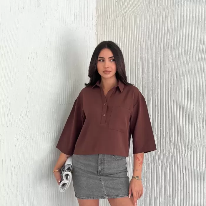 Kadın Crop Yakalı Gömlek Üç Çeyrek Sleeve Kol - Kahverengi