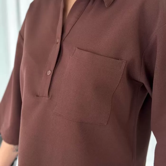 Kadın Crop Yakalı Gömlek Üç Çeyrek Sleeve Kol - Kahverengi
