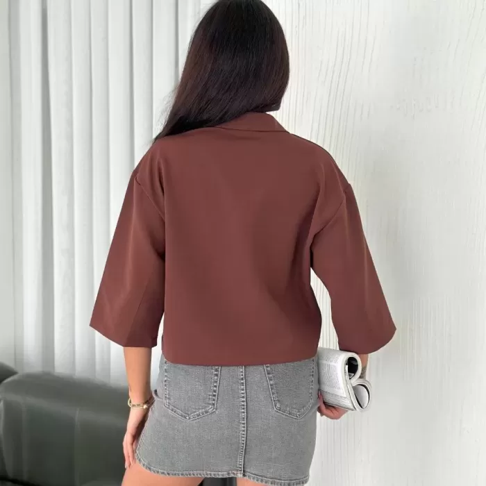 Kadın Crop Yakalı Gömlek Üç Çeyrek Sleeve Kol - Kahverengi