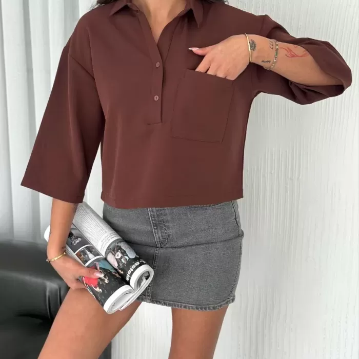 Kadın Crop Yakalı Gömlek Üç Çeyrek Sleeve Kol - Kahverengi