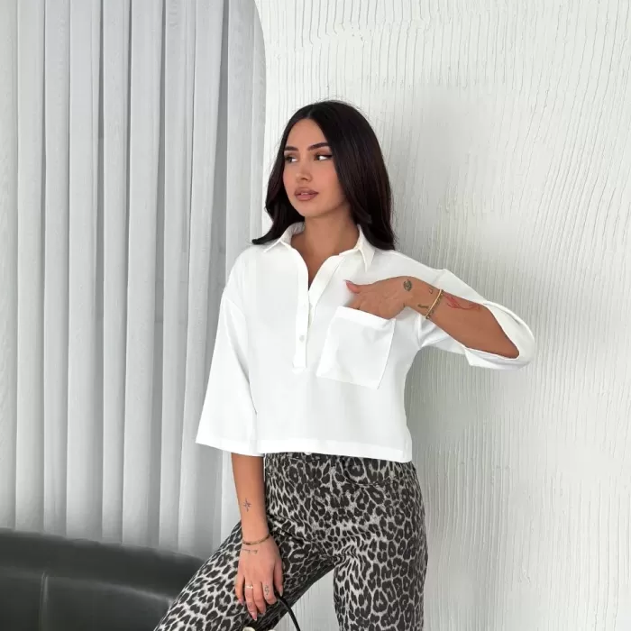 Kadın Crop Yakalı Gömlek Üç Çeyrek Sleeve Kol - Beyaz