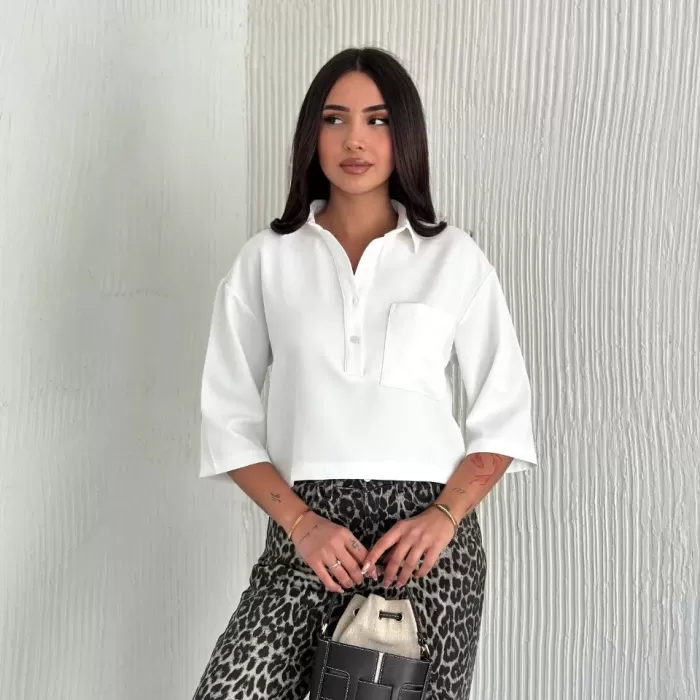 Kadın Crop Yakalı Gömlek Üç Çeyrek Sleeve Kol - Beyaz