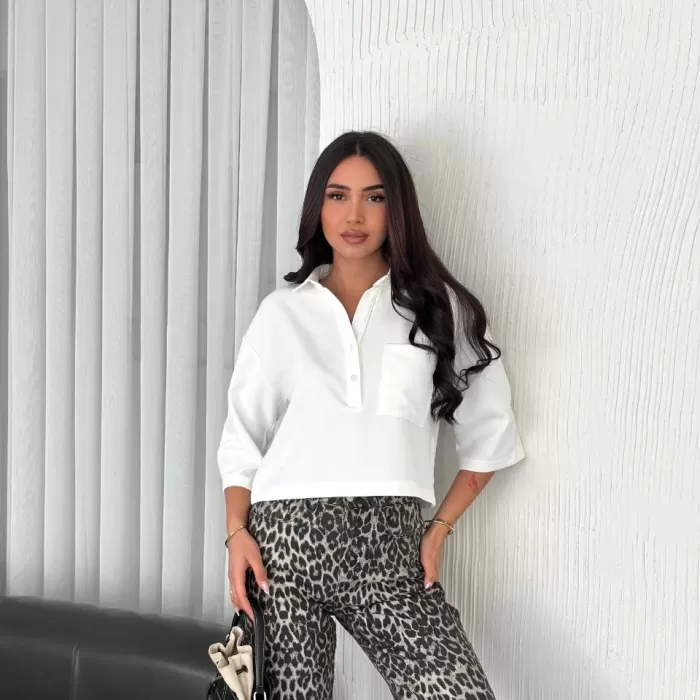 Kadın Crop Yakalı Gömlek Üç Çeyrek Sleeve Kol - Beyaz