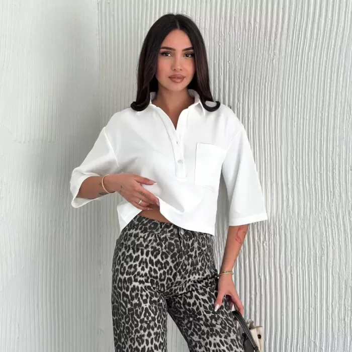 Kadın Crop Yakalı Gömlek Üç Çeyrek Sleeve Kol - Beyaz