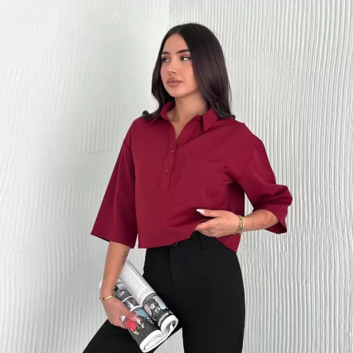 Kadın Crop Yakalı Gömlek Üç Çeyrek Sleeve Kol - Bordo