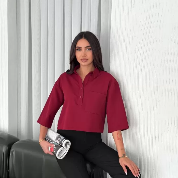 Kadın Crop Yakalı Gömlek Üç Çeyrek Sleeve Kol - Bordo