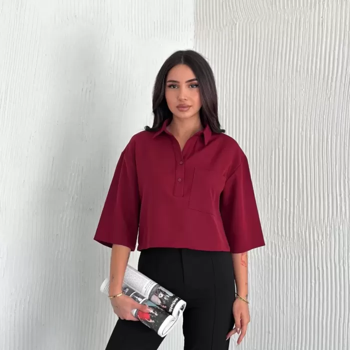 Kadın Crop Yakalı Gömlek Üç Çeyrek Sleeve Kol - Bordo