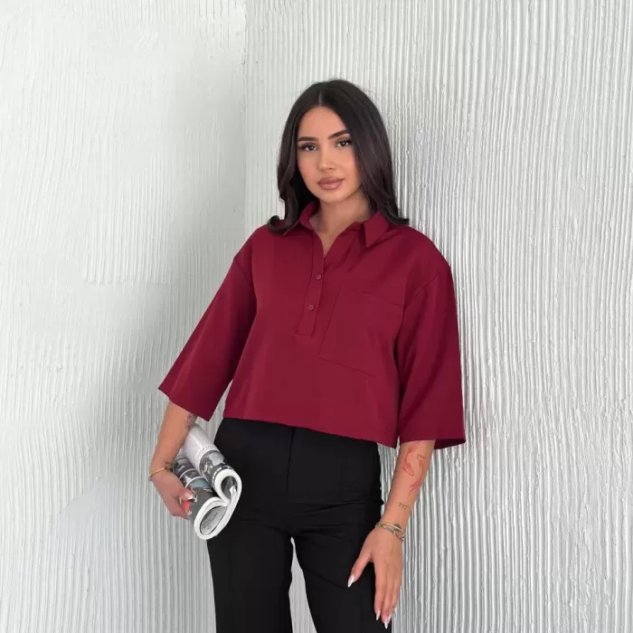 Kadın Crop Yakalı Gömlek Üç Çeyrek Sleeve Kol - Bordo