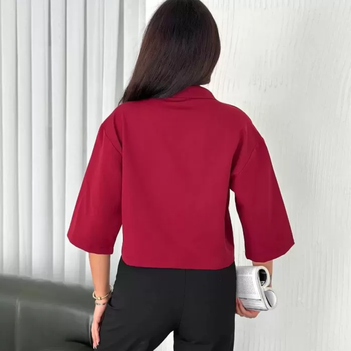 Kadın Crop Yakalı Gömlek Üç Çeyrek Sleeve Kol - Bordo