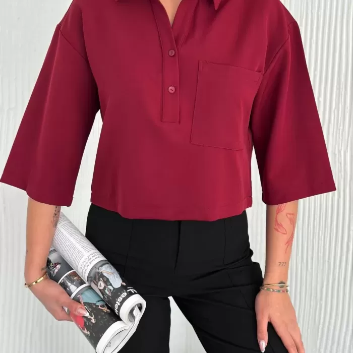 Kadın Crop Yakalı Gömlek Üç Çeyrek Sleeve Kol - Bordo