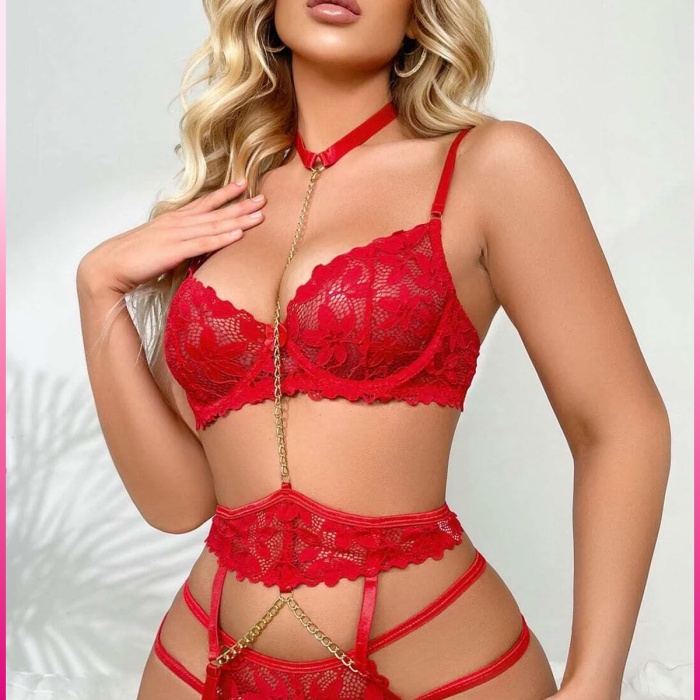 Ekru Göğüs Balenli Dantelli Zincir Detaylı Seksi Jartiyer Takım