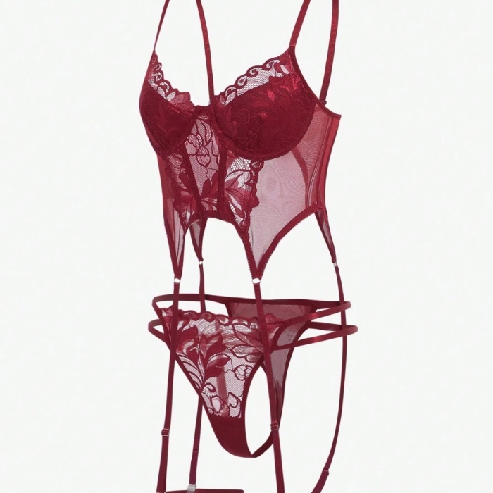 Bordo Babydoll İç Giyim Seti Bustiyer  ,Külot , Bacak Bantları