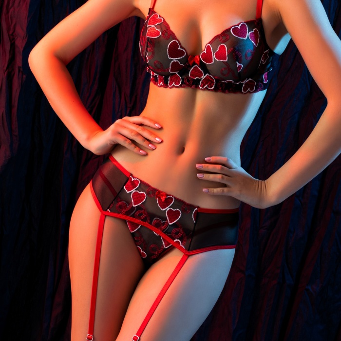 Kırmızı Dantel Jartiyerli 4’lü Fantazi İç Giyim Takımı,Transparan Ayarlanabilir Askılı,Kadın İçGiyim