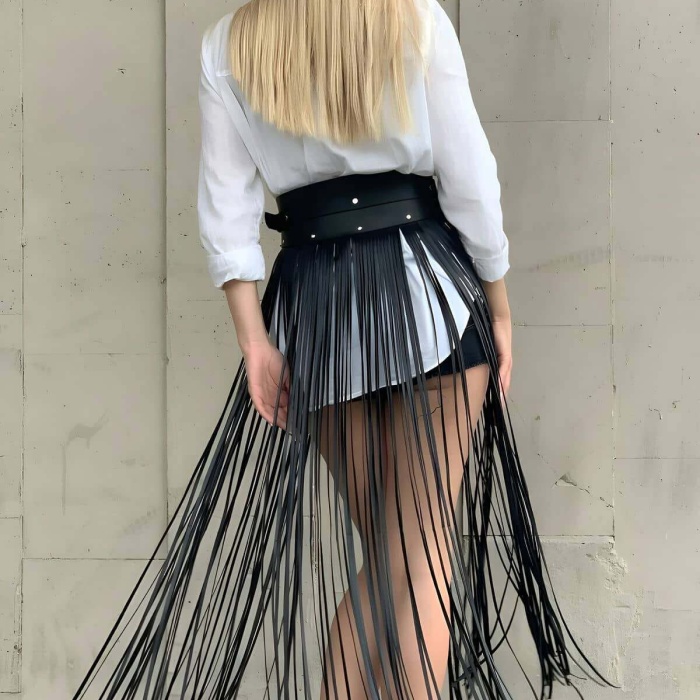 Yüksek Bel Şık Deri Püsküllü Seksi Etek - APFT1003